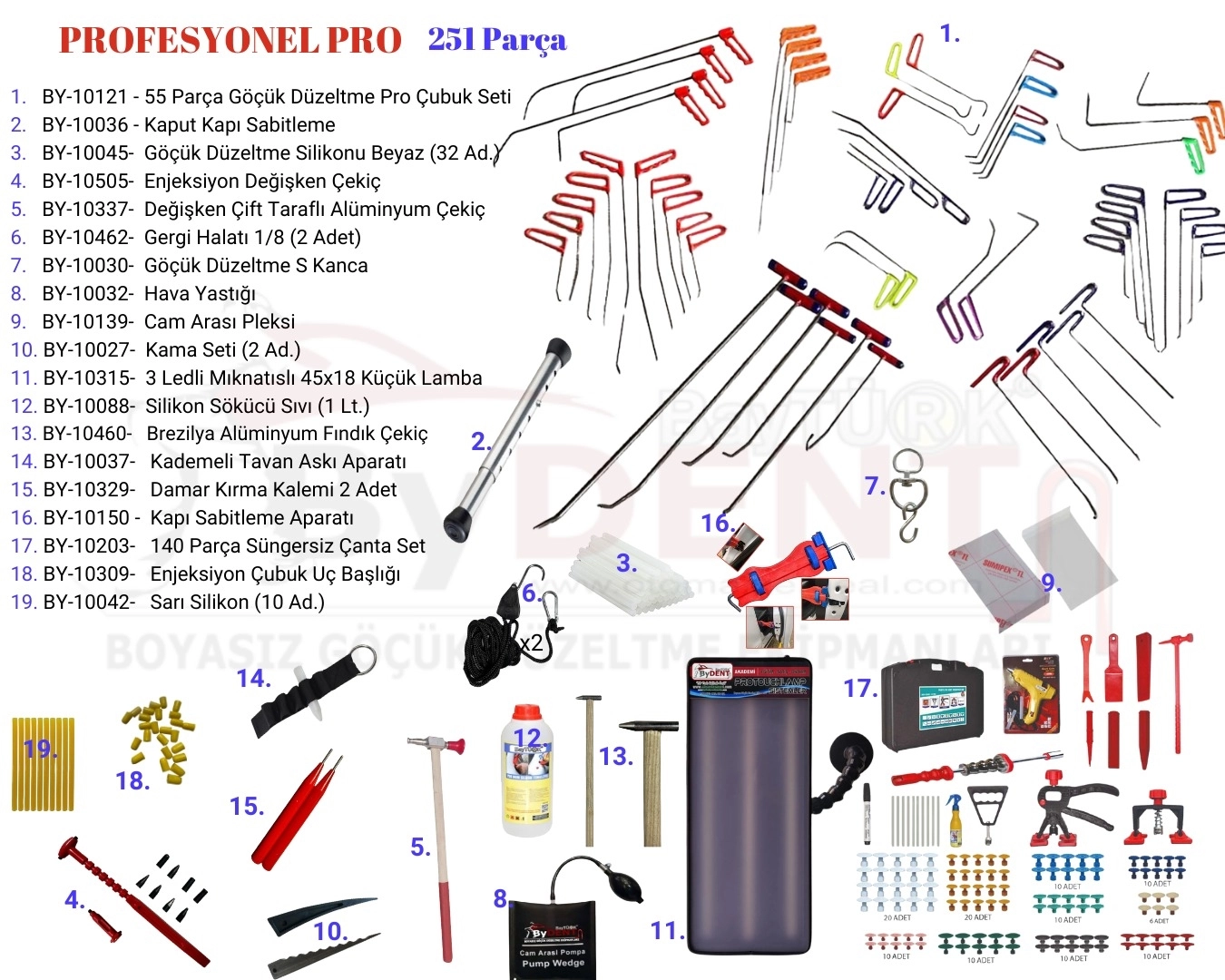 251 Parça Profesyonel Başlangıç Pdr Boyasız Göçük Onarım Seti